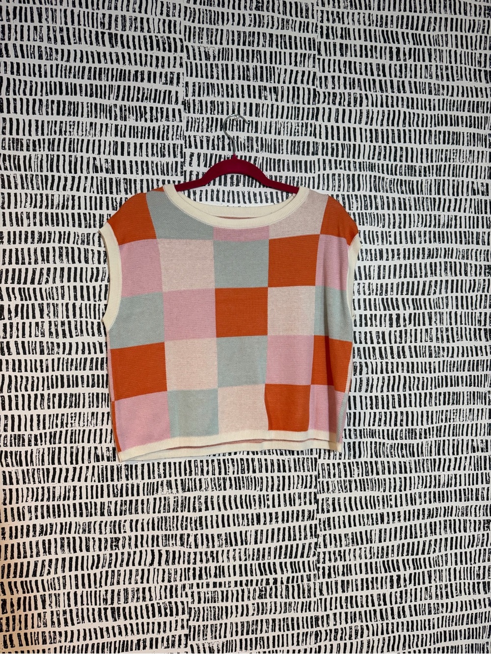 Colorblock Checkered Knit Crop Tank - Pink, Orange, Cream cute spring top